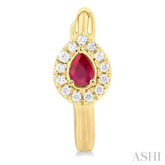 1/10 Ctw Petite 4X3 MM Pear Cut Ruby and Round Cut Halo Diamond Fashion Huggies in 10K Yellow Gold