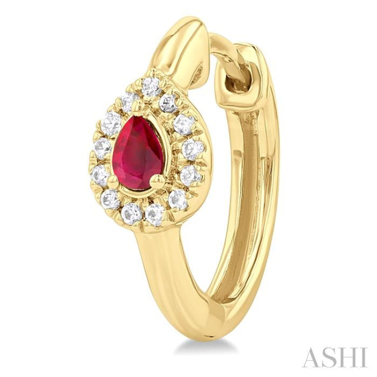 1/10 Ctw Petite 4X3 MM Pear Cut Ruby and Round Cut Halo Diamond Fashion Huggies in 10K Yellow Gold