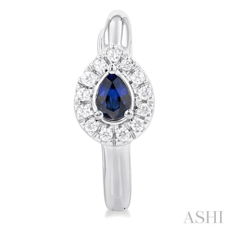 1/10 Ctw Petite 4X3 MM Pear Cut Sapphire and Round Cut Halo Diamond Fashion Huggies in 10K White Gold