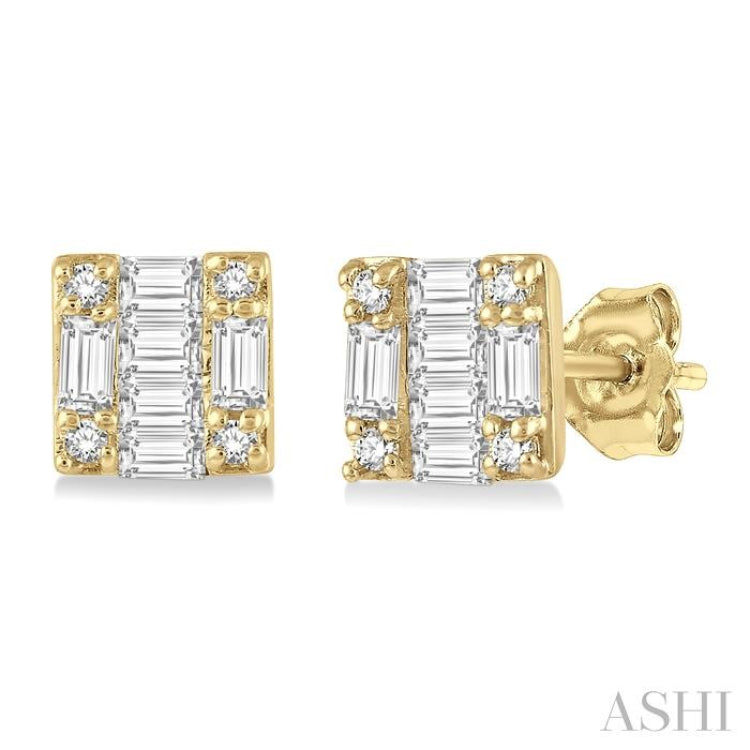 1/6 Ctw Square Shape Baguette and Round Cut Diamond Petite Fashion Earring in 10K Yellow Gold.