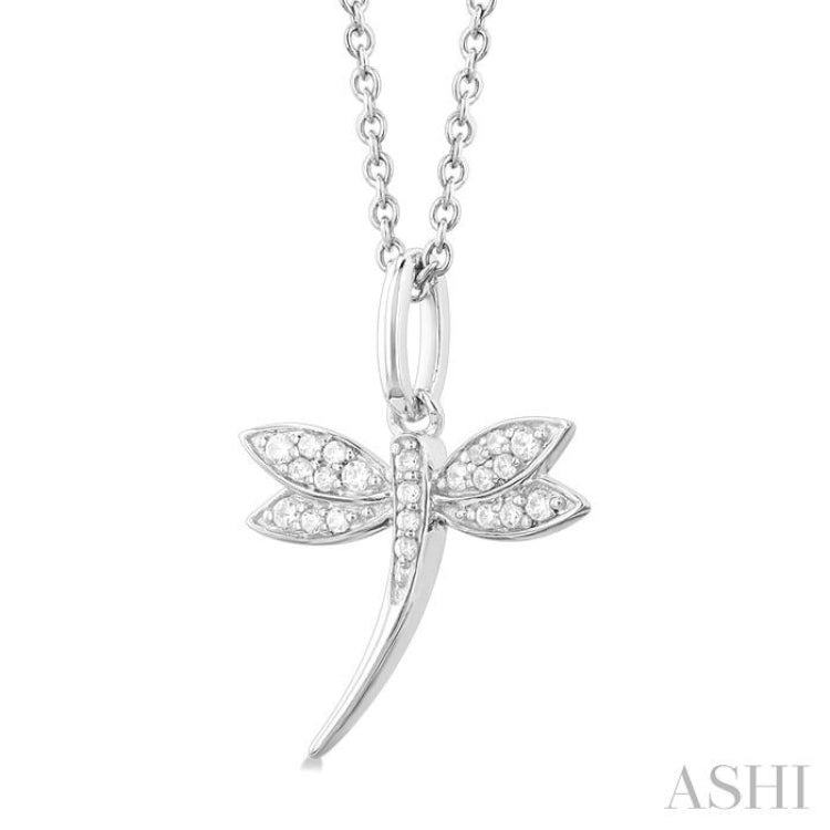 1/10 ctw Petite Dragonfly Round Cut Diamond Fashion Pendant With Chain in 10K White Gold