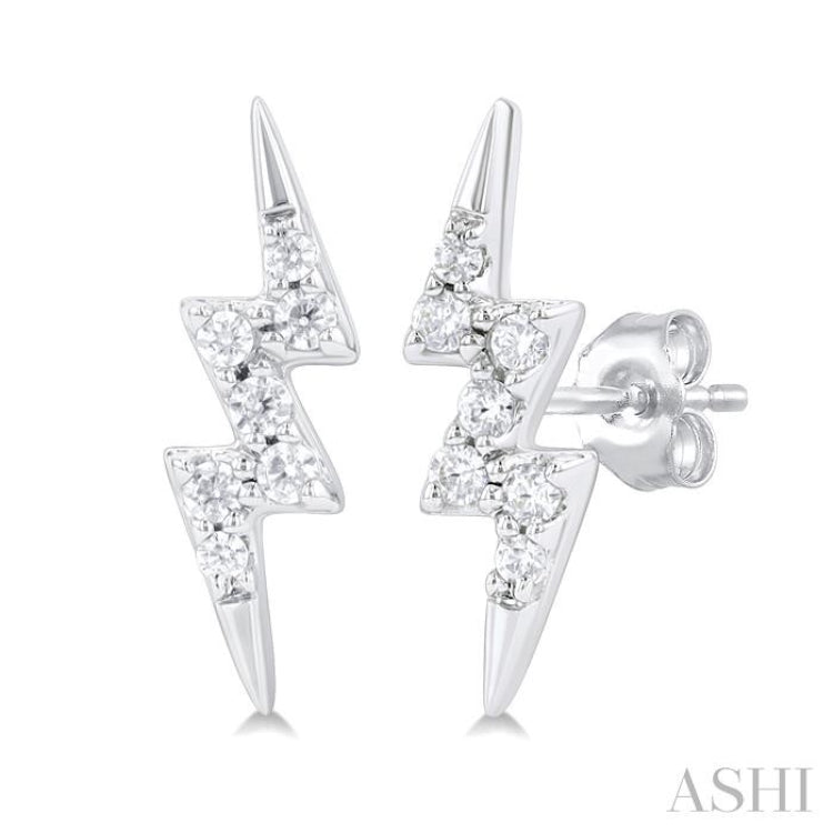 1/10 ctw Petite Lightning Bolt Round Cut Diamond Fashion Stud Earring in 10K White Gold