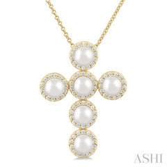 1/3 ctw Cross 4X4 MM Cultured Pearl and Round Cut Diamond Fashion Pendant With Chain in 14K Yellow Gold