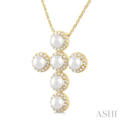 1/3 ctw Cross 4X4 MM Cultured Pearl and Round Cut Diamond Fashion Pendant With Chain in 14K Yellow Gold