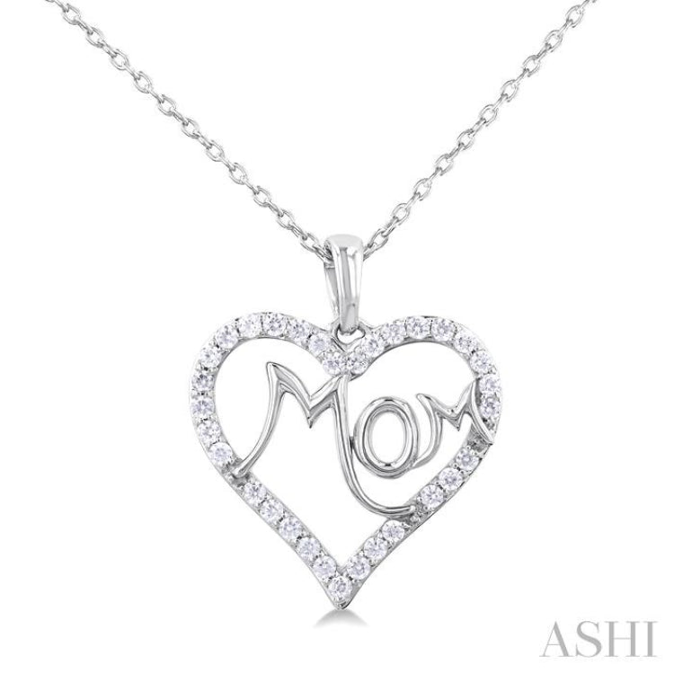 1/4 ctw 'MOM' Heart Frame Round Cut Diamond Fashion Pendant With Chain in 10K White Gold