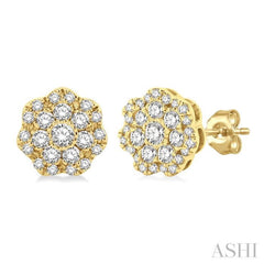 1/4 ctw Flower Pattern Round Cut Diamond Fashion Stud Earrings in 14K Yellow Gold