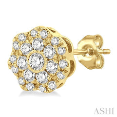 1/4 ctw Flower Pattern Round Cut Diamond Fashion Stud Earrings in 14K Yellow Gold