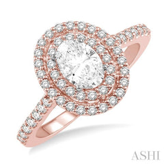 1/2 Ctw Oval Shape Semi-Mount Double Row Diamond Engagement Ring in 14K Rose and White Gold