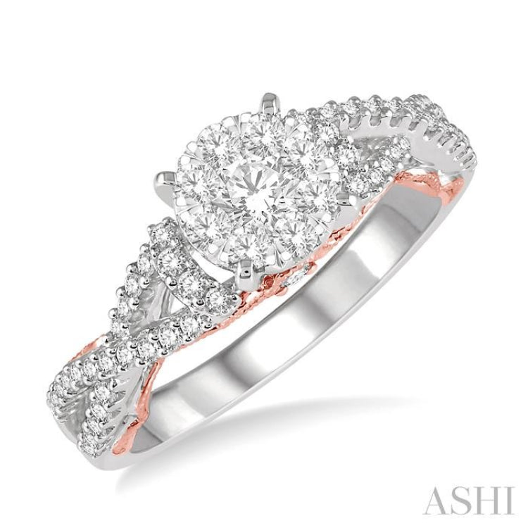 5/8 Ctw Round Diamond Lovebright Crossover Shank Engagement Ring in 14K White and Rose Gold