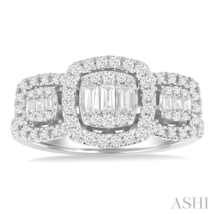 3/4 ctw Cushion Shape Past, Present & Future Fusion Baguette and Round Cut Diamond Engagement Ring in 14K White Gold