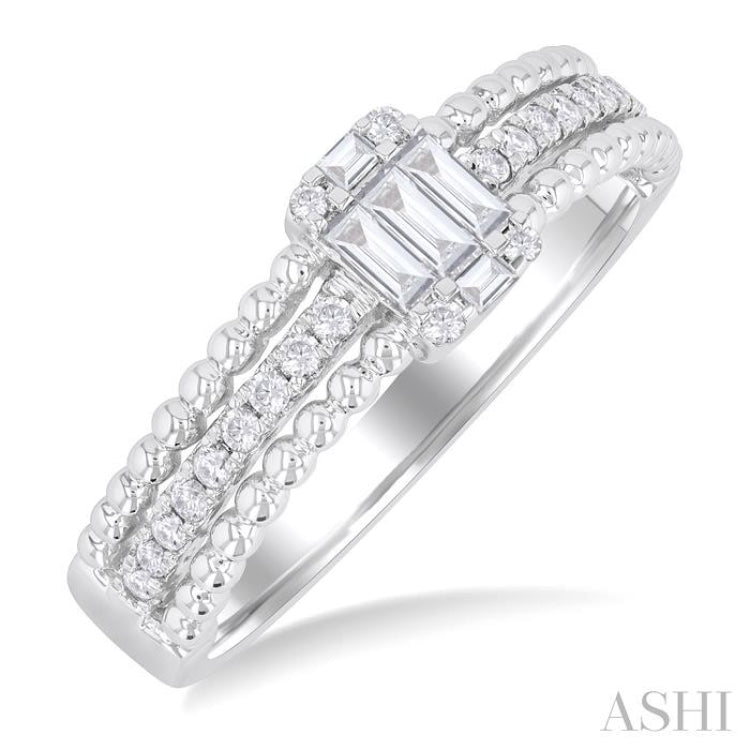 1/3 Ctw Split Beaded Three Row Fusion Baguette and Round Cut Diamond Fashion Band in 14K White Gold