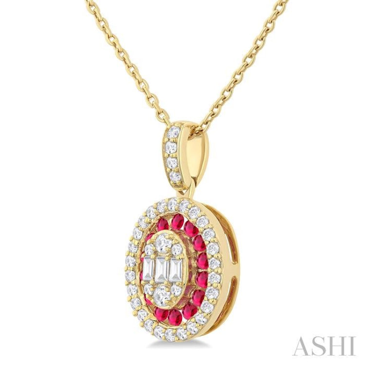 1/4 Ctw Oval Shape 1.25 MM Ruby, Baguette and Round Cut Diamond Precious Pendant With Chain in 14K Yellow Gold