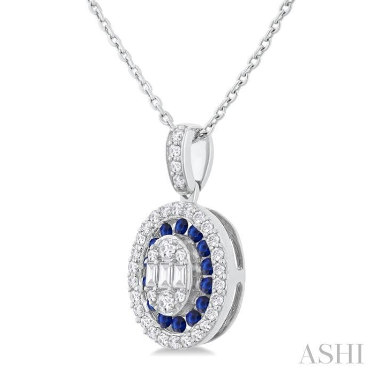 1/4 Ctw Oval Shape 1.25 MM Sapphire, Baguette and Round Cut Diamond Precious Pendant With Chain in 14K White Gold