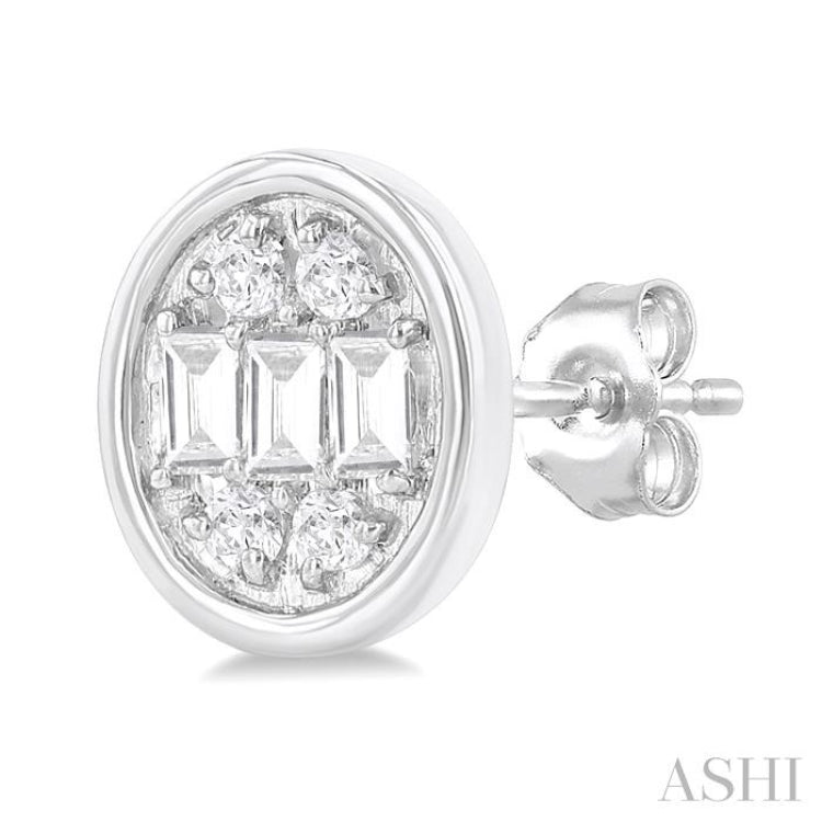 1/5 Ctw Petite Bezel Set Oval Shape Fusion Baguette and Round Cut Diamond Fashion Stud Earring in 10K White Gold