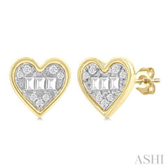 1/5 Ctw Petite Bezel Set Heart Shape Fusion Baguette and Round Cut Diamond Fashion Stud Earring in 10K Yellow Gold