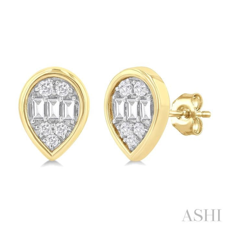 1/5 Ctw Petite Bezel Set Pear Shape Fusion Baguette and Round Cut Diamond Fashion Stud Earring in 10K Yellow Gold