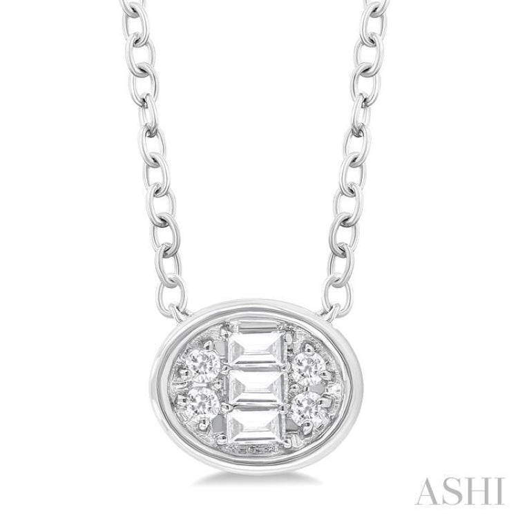 1/6 Ctw Petite Bezel Set East-West Oval Shape Fusion Baguette and Round Cut Diamond Fashion Pendant With Chain in 10K White Gold