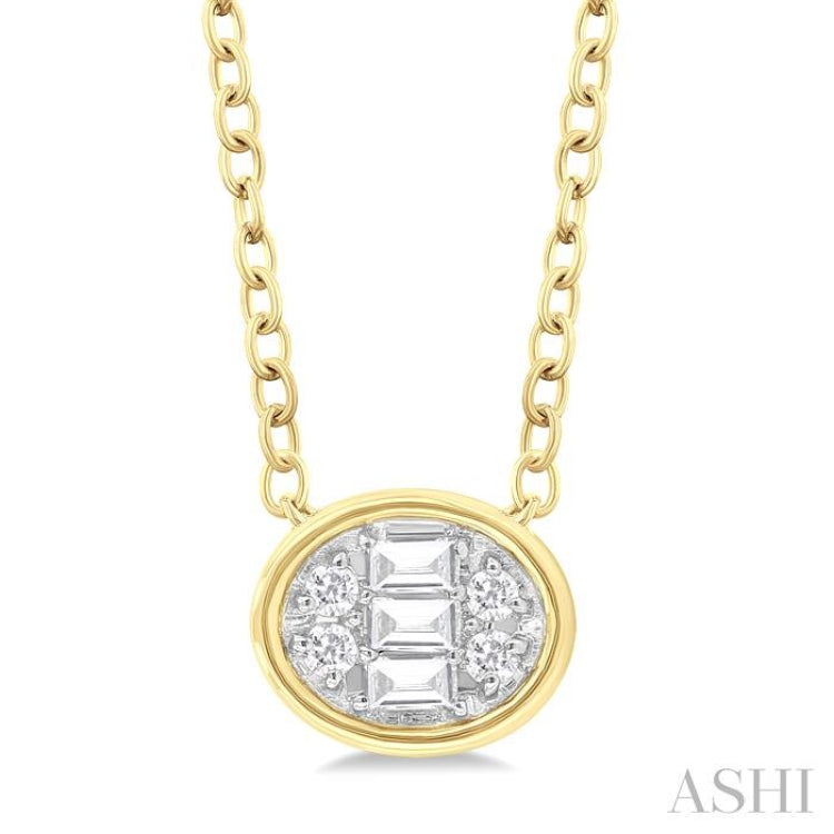 1/6 Ctw Petite Bezel Set East-West Oval Shape Fusion Baguette and Round Cut Diamond Fashion Pendant With Chain in 10K Yellow Gold