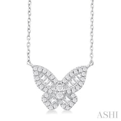 1/3 ctw Petite Butterfly Baguette and Round Cut Diamond Fashion Pendant With Chain in 14K White Gold