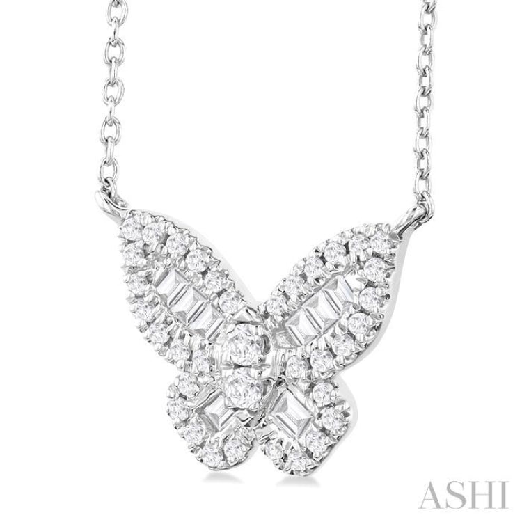 1/3 ctw Petite Butterfly Baguette and Round Cut Diamond Fashion Pendant With Chain in 14K White Gold