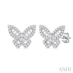 1/2 Ctw Butterfly Baguette and Round Cut Diamond Fashion Stud Earring in 14K White Gold