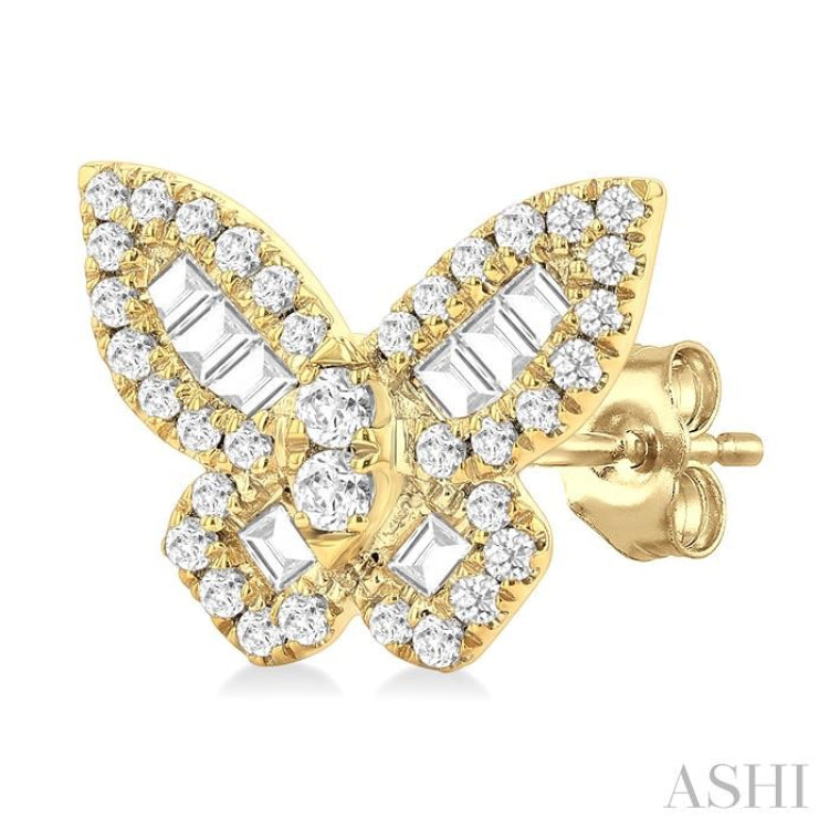 1/2 Ctw Butterfly Baguette and Round Cut Diamond Fashion Stud Earring in 14K Yellow Gold