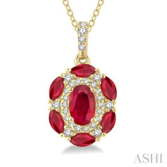 6x4 MM Oval Cut & 4x2 MM Marquise Cut Ruby and 1/6 Ctw Round Cut Diamond Precious Pendant With Chain in 14K Yellow Gold