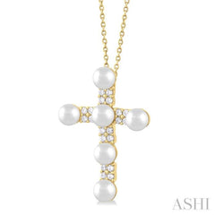 1/5 ctw Cross 4X4 MM Cultured Pearl and Round Cut Diamond Semi Precious Fashion Pendant With Chain in 10K Yellow Gold