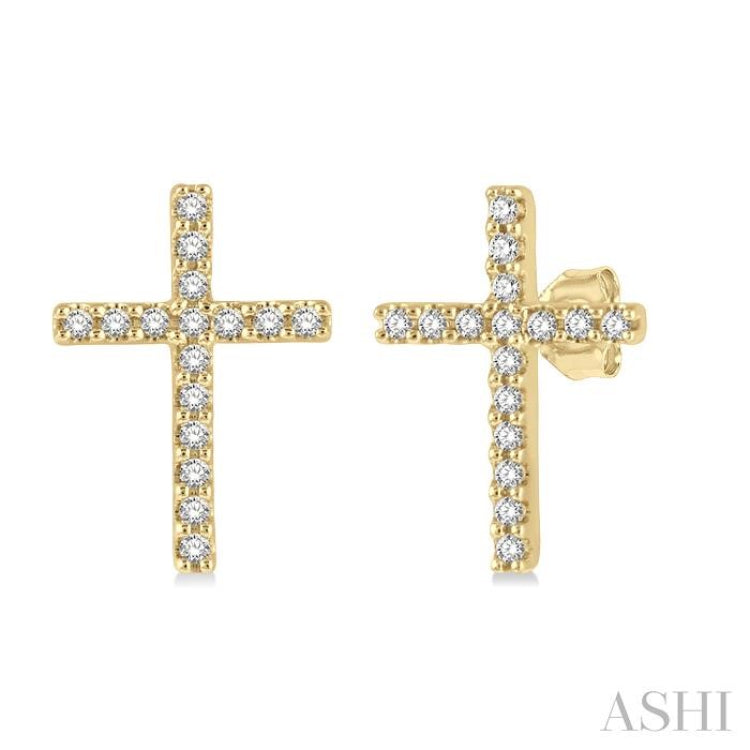 1/10 Ctw Cross Round Cut Diamond Petite Fashion Stud Earring in 10K Yellow Gold