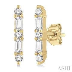 1/6 Ctw Solid Bar Baguette and Round Cut Diamond Petite Earring in 10K Yellow Gold