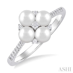 1/8 Ctw Floral Center 4 MM Cultured Pearl and Round Cut Diamond Fashion Ring in 10K White Gold