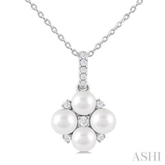 1/10 Ctw Floral 4 MM Cultured Pearl and Round Cut Diamond Fashion Pendant With Chain in 10K White Gold