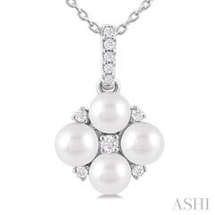 1/10 Ctw Floral 4 MM Cultured Pearl and Round Cut Diamond Fashion Pendant With Chain in 10K White Gold