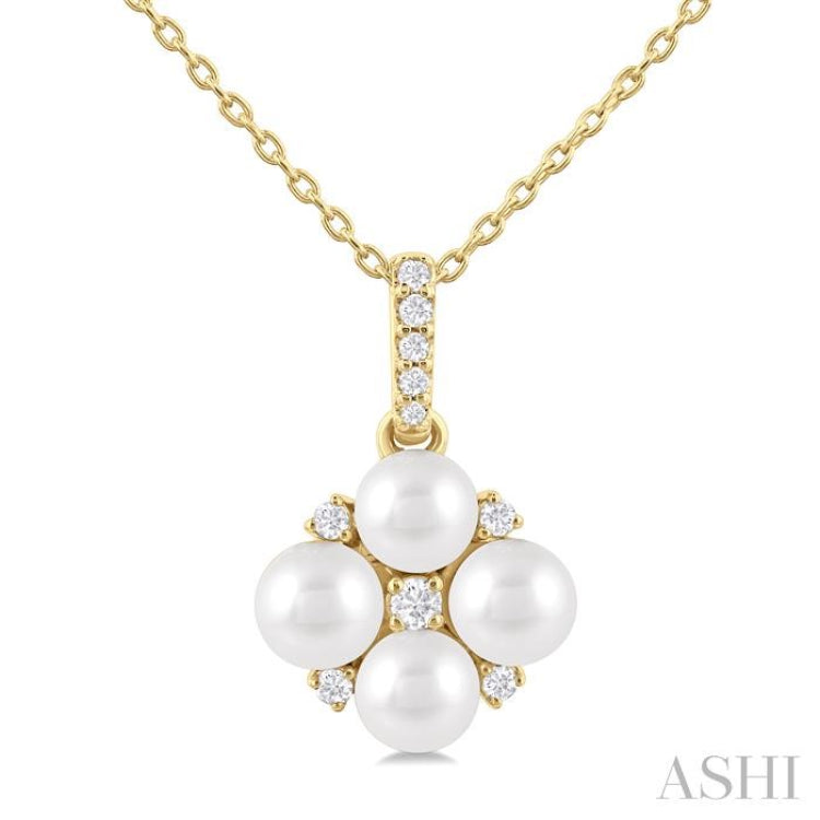 1/10 Ctw Floral 4 MM Cultured Pearl and Round Cut Diamond Fashion Pendant With Chain in 10K Yellow Gold