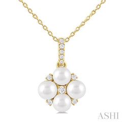 1/10 Ctw Floral 4 MM Cultured Pearl and Round Cut Diamond Fashion Pendant With Chain in 10K Yellow Gold