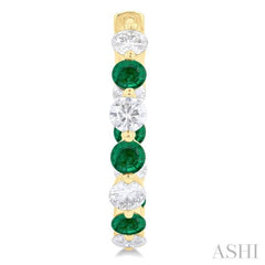 3.3MM Round Cut Emerald and 1 5/8 ctw Round Cut Diamond Precious Inside-Out Alternating Hoop Earrings in 14K Yellow Gold