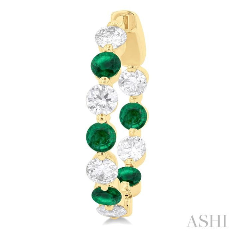 3.3MM Round Cut Emerald and 1 5/8 ctw Round Cut Diamond Precious Inside-Out Alternating Hoop Earrings in 14K Yellow Gold