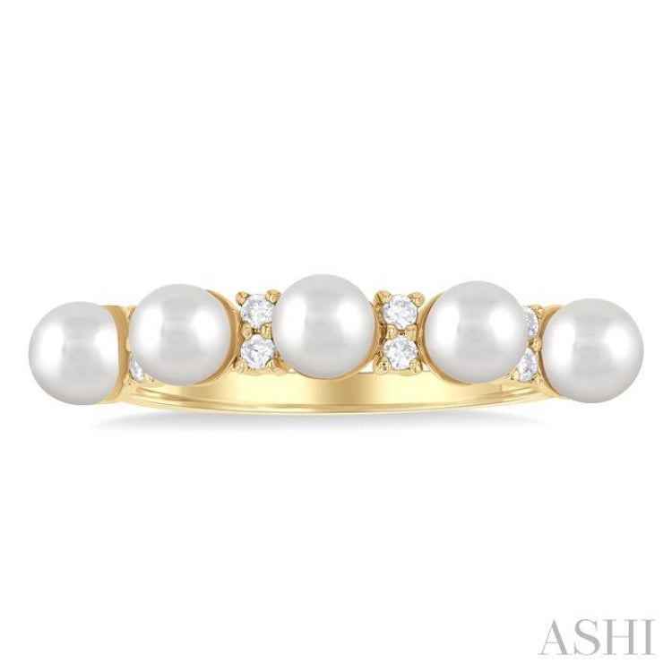 1/6 ctw White 4X4 MM Cultured Pearl and Round Cut Diamond Semi Precious Fashion Ring in 10K Yellow Gold