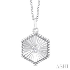 1/20 Ctw Hexagon fluted medallion Round Cut Diamond Pendant With Chain in 14K White Gold