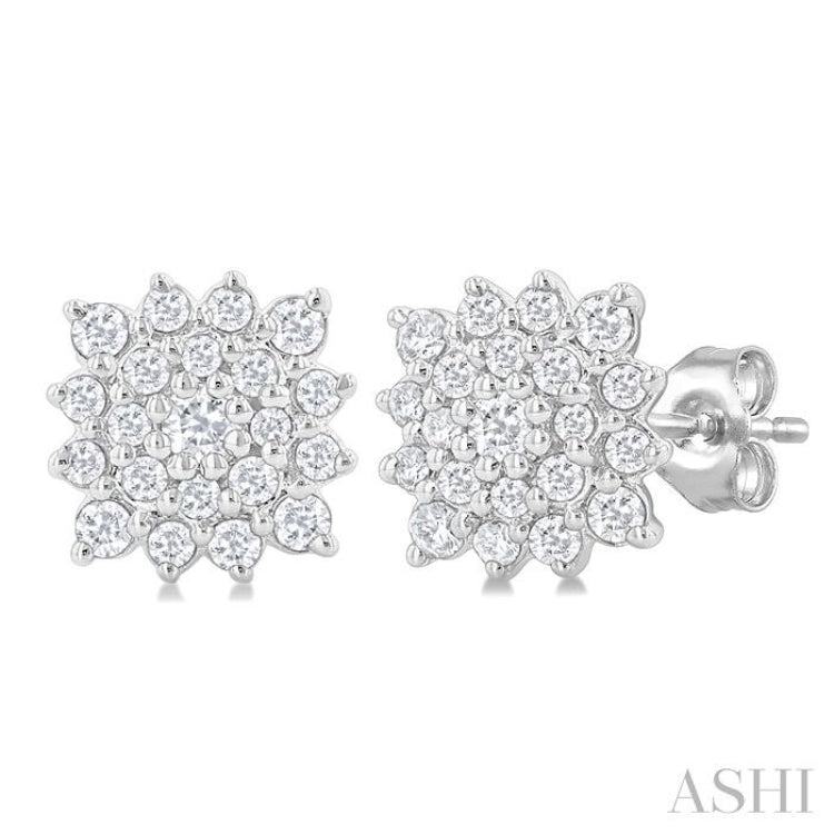 1/5 Ctw Petite Cushion Shape Round Cut Diamond Cluster Fashion Stud Earring in 10K White Gold