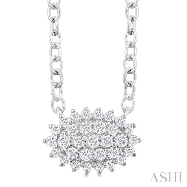 1/6 Ctw Petite East-West Set Oval Shape Round Cut Diamond Cluster Fashion Pendant With Chain in 10K White Gold