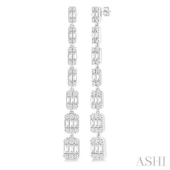 1 1/2 Ctw Fusion Baguette and Round Cut Diamond Fashion Long Earring in 14K White Gold