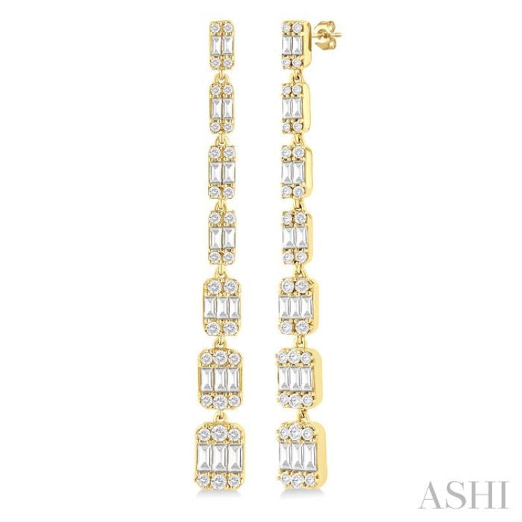 1 1/2 Ctw Fusion Baguette and Round Cut Diamond Fashion Long Earring in 14K Yellow Gold