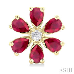 1/10 Ctw Floral Blossom 4X3 MM Pear Cut Ruby and Round Cut Diamond Precious Stud Earring in 14K Yellow Gold