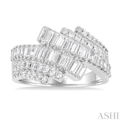 1 Ctw Triple Row Bypass Fusion Baguette and Round Cut Diamond Fashion Ring in 14K White Gold