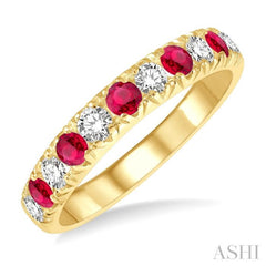 3/8 ctw Round Cut Diamond and 2.6MM Ruby Precious Wedding Band in 14K Yellow Gold