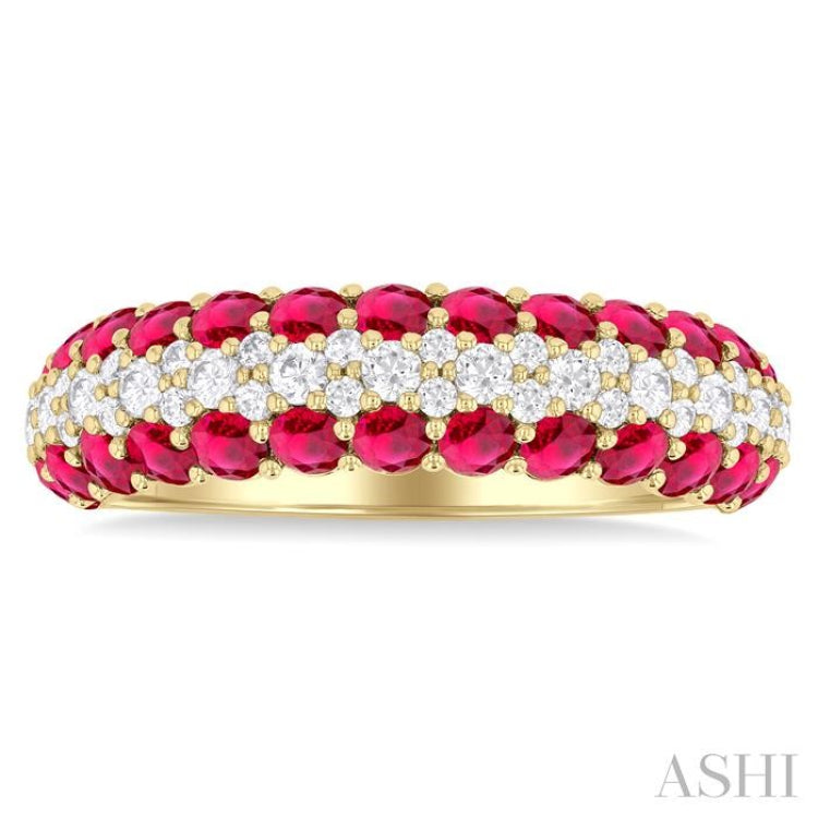 1/2 Ctw  Round Cut Diamond Center and 2.4 MM Ruby Border Precious Band in 14K Yellow Gold