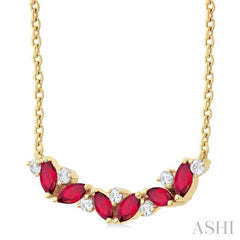 4X2 MM Marquise Cut Ruby and 1/6 Ctw Zig-Zag Round Cut Diamond Precious Necklace in 14K Yellow Gold