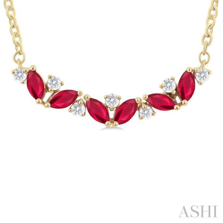 4X2 MM Marquise Cut Ruby and 1/6 Ctw Zig-Zag Round Cut Diamond Precious Necklace in 14K Yellow Gold