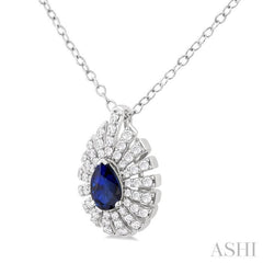 6X4 MM Pear Cut Sapphire and 1/3 Ctw Starburst Round Cut Diamond Precious Pendant With Chain in 14K White Gold